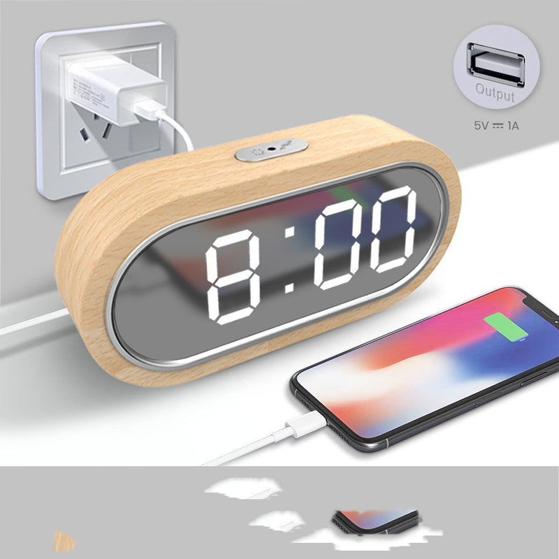 LED Alarm Clock Wooden Clock Indoor Display Temperature Student